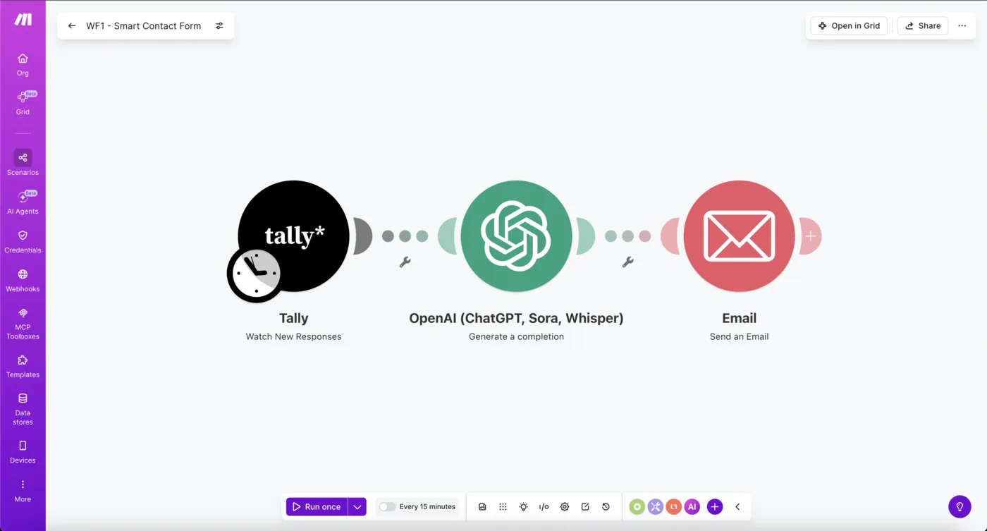 WF01 · Kapcsolati űrlap automatizálás Make.com-mal · AI ügyfélválasz scenário