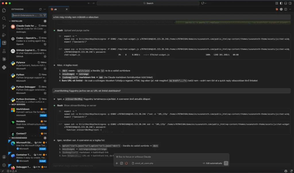 Claude Code, VS Code élesítés egyedi chatbot weboldalba