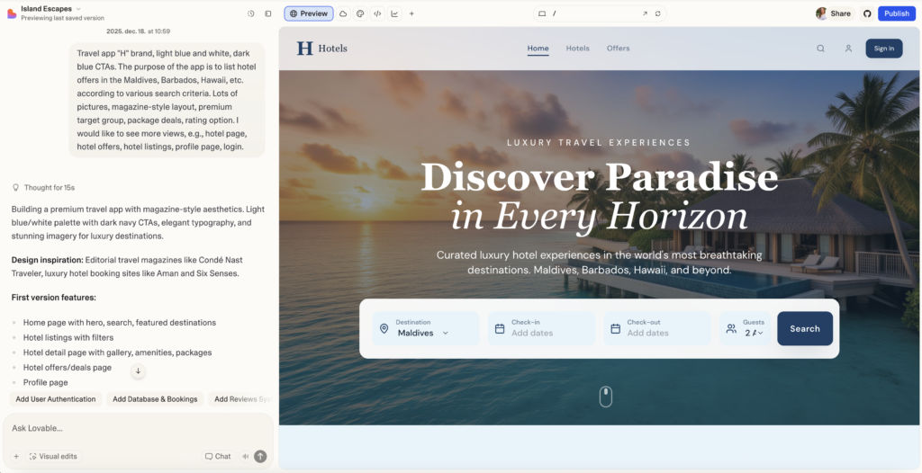 Mire jó a Lovable? Tényleg elkészíti a komplett webdesignt? 1 Egy utazási weboldal és applikáció Lovable látványterve egy junior szintjén, aki 10 napig csinálta volna