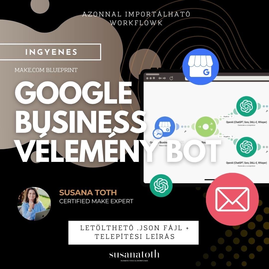 INGYENES letölthető Make.com Blueprint: Google Cégem vélemény megválaszoló bot