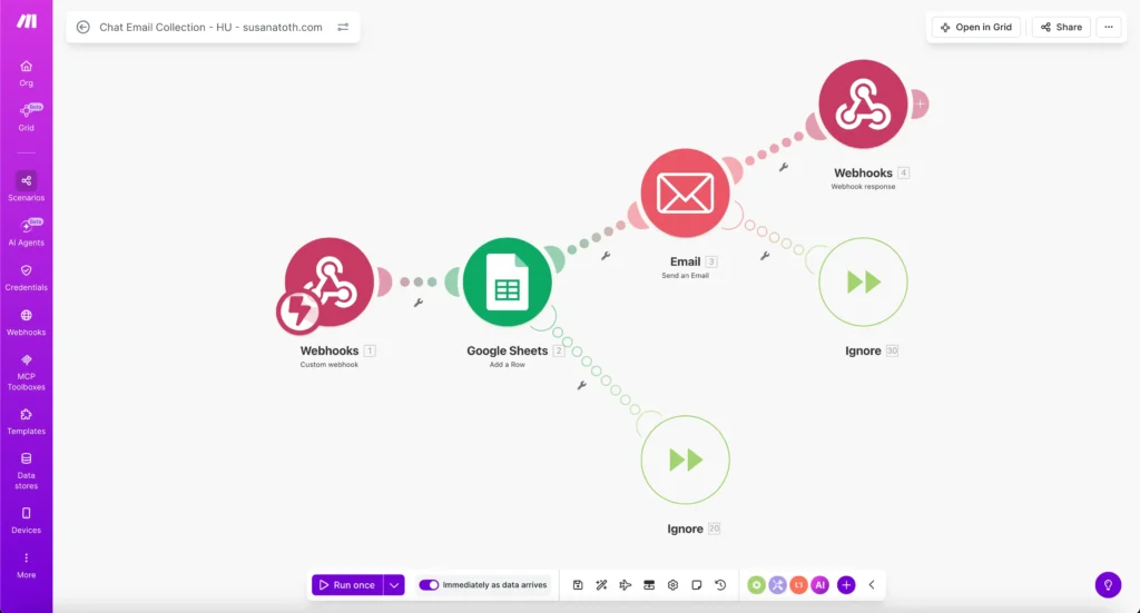Értesítés emailben, egyedi chatbot, weboldalra, automatizálás Make.com 