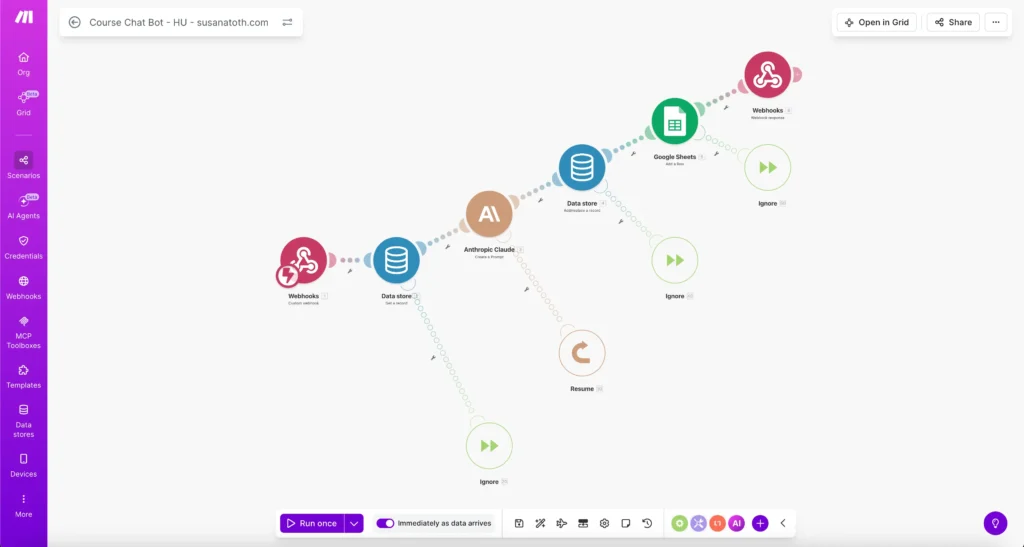 Egyedi chatbot weboldalra Make.com scenario