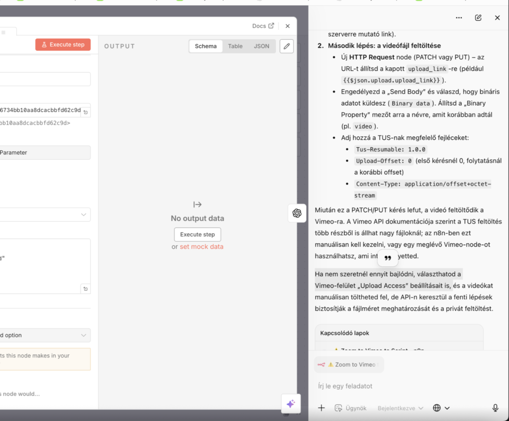 “egyszerű” n8n workflow: felvételek a Zoomból, Vimeo feltöltés + script és blogcikk 3 n8n workflow debugging: webhook 404-ek, AssemblyAI integráció, Vimeo pull approach. Működő automatizálás Zoom recordings -> transcript -> AI összefoglaló.
