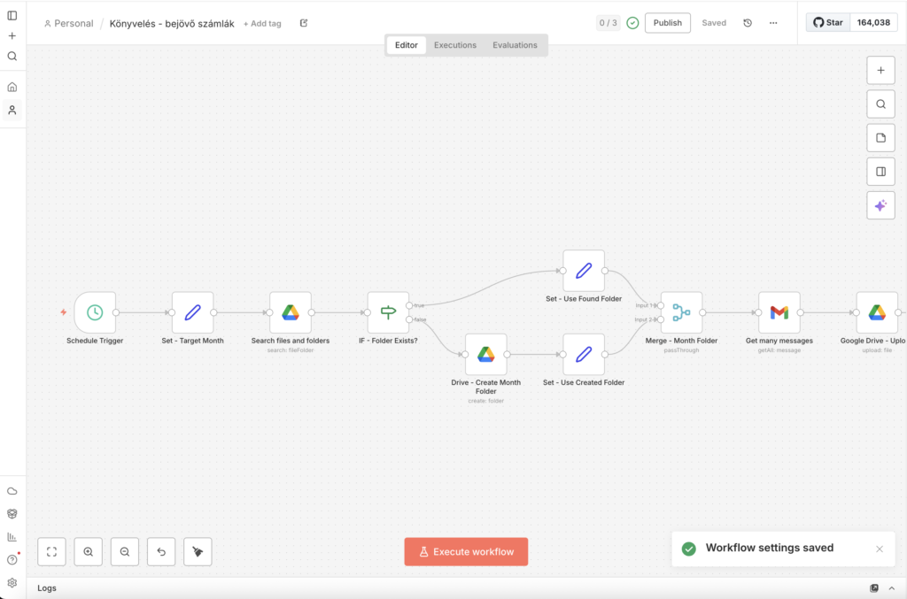 n8n workflow építés példa: bejövő számlák automatikus letöltése Gmail-ből Google Drive-ba havi mappákba rendezve"