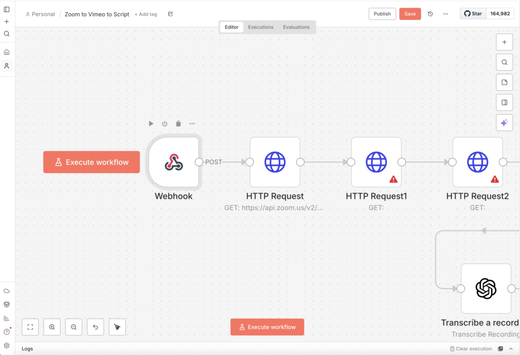 “egyszerű” n8n workflow: felvételek a Zoomból, Vimeo feltöltés + script és blogcikk 1 18 óra, 1 n8n workflow, számtalan hiba. Zoom-Vimeo-AssemblyAI integráció: mi működött, mi nem, és miért. Valós tanulási folyamat kezdőknek és haladóknak.