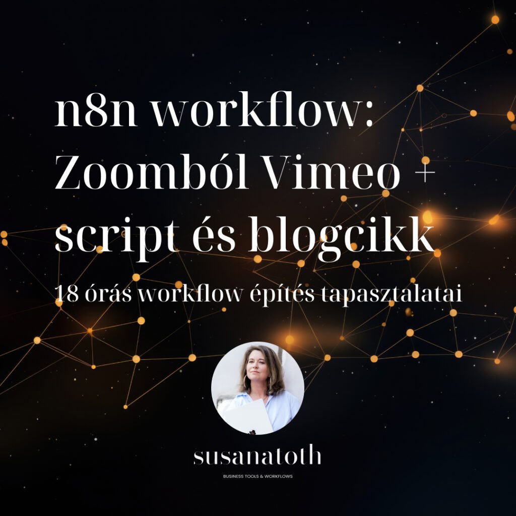 “egyszerű” n8n workflow: felvételek a Zoomból, Vimeo feltöltés + script és blogcikk 4 Komplett n8n workflow guide: Zoom cloud recordings automatikus Vimeo feltöltése, AssemblyAI transkripció, Claude AI összefoglaló generálás. OAuth2 beállítás, webhook integráció, hiba kezelés.